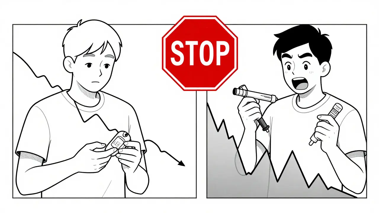 Split illustration: one person with CGM safe, another without CGM crashing from repeated insulin doses.