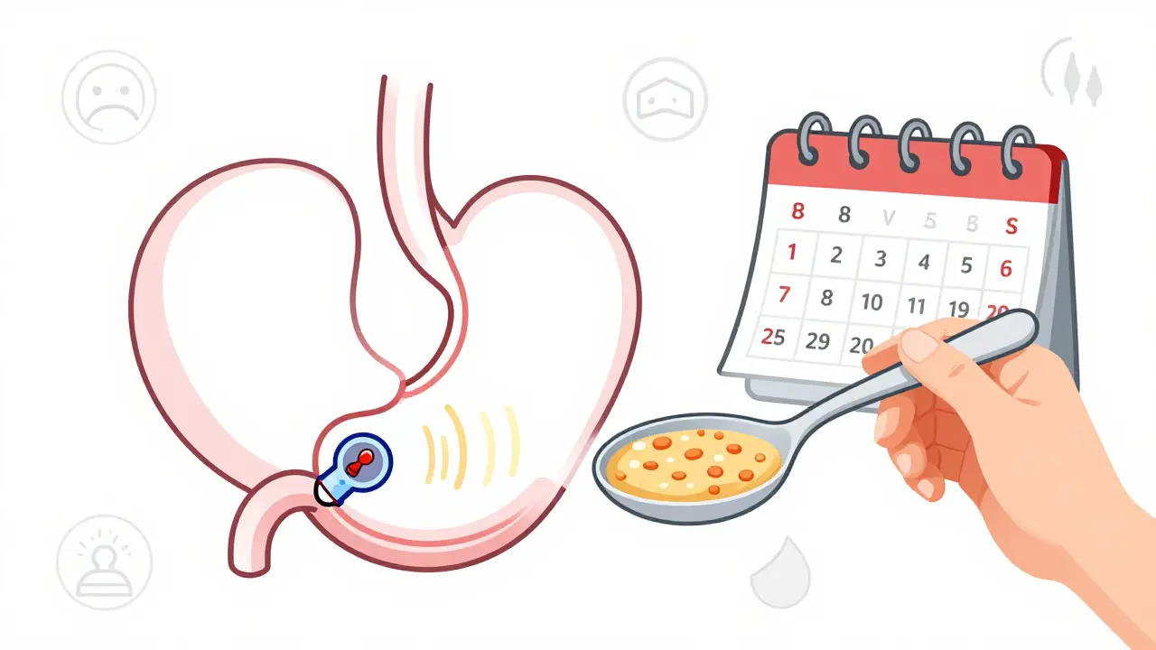 Stylized stomach with gastric stimulator device, beside blended soup and 8-week progress calendar.