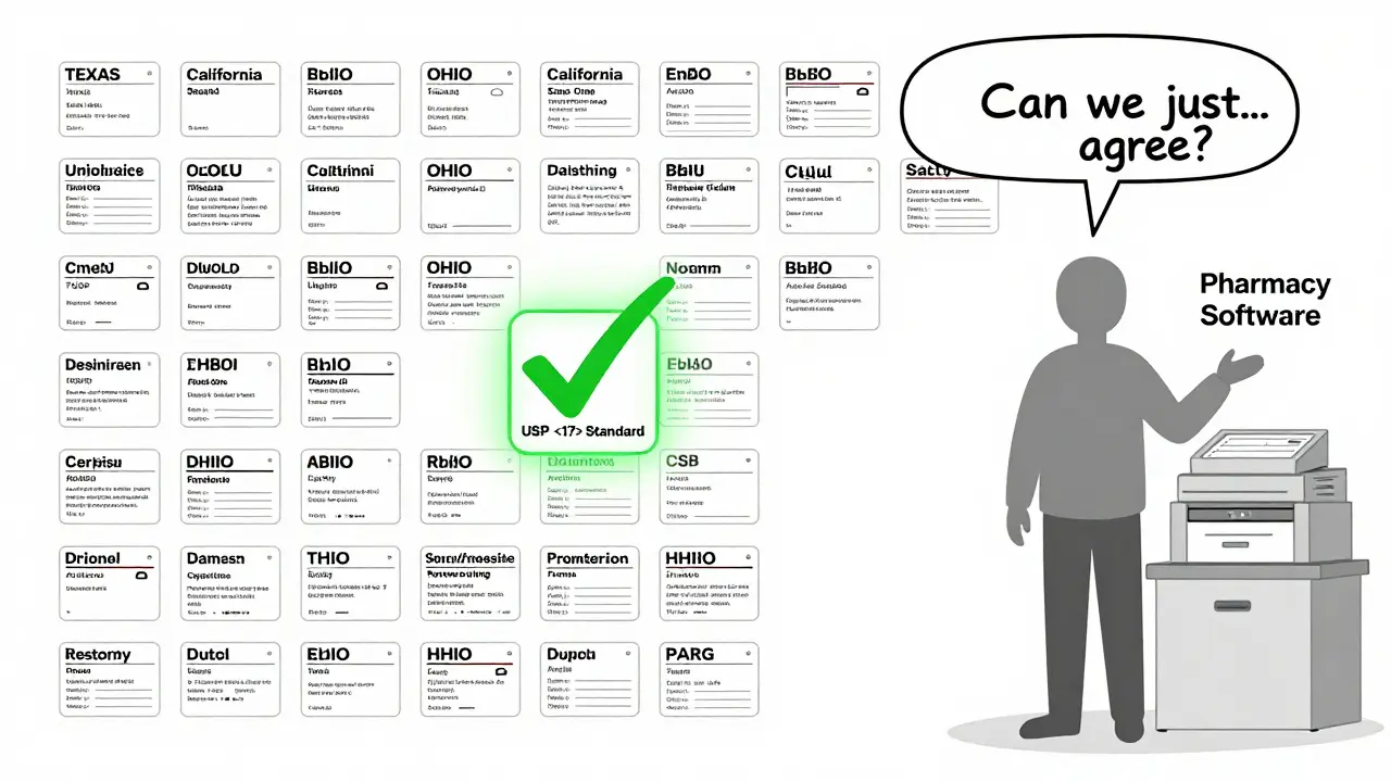 Wall displaying 50 different prescription label designs labeled by U.S. states, with one standard label glowing in the center.