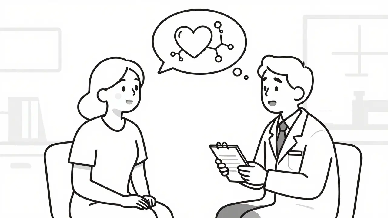 A patient and doctor discussing sexual side effects using a symptom log in a clinic.