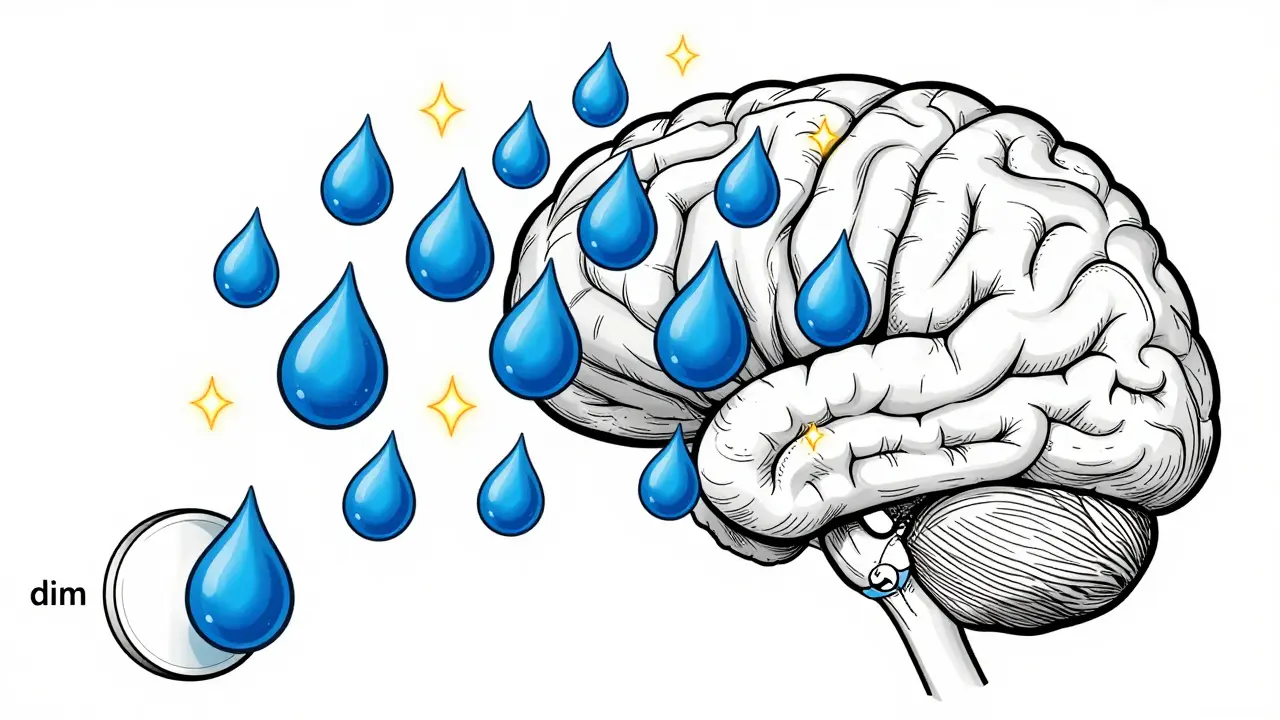 Conceptual line art showing serotonin flooding the brain and suppressing dopamine sparks.