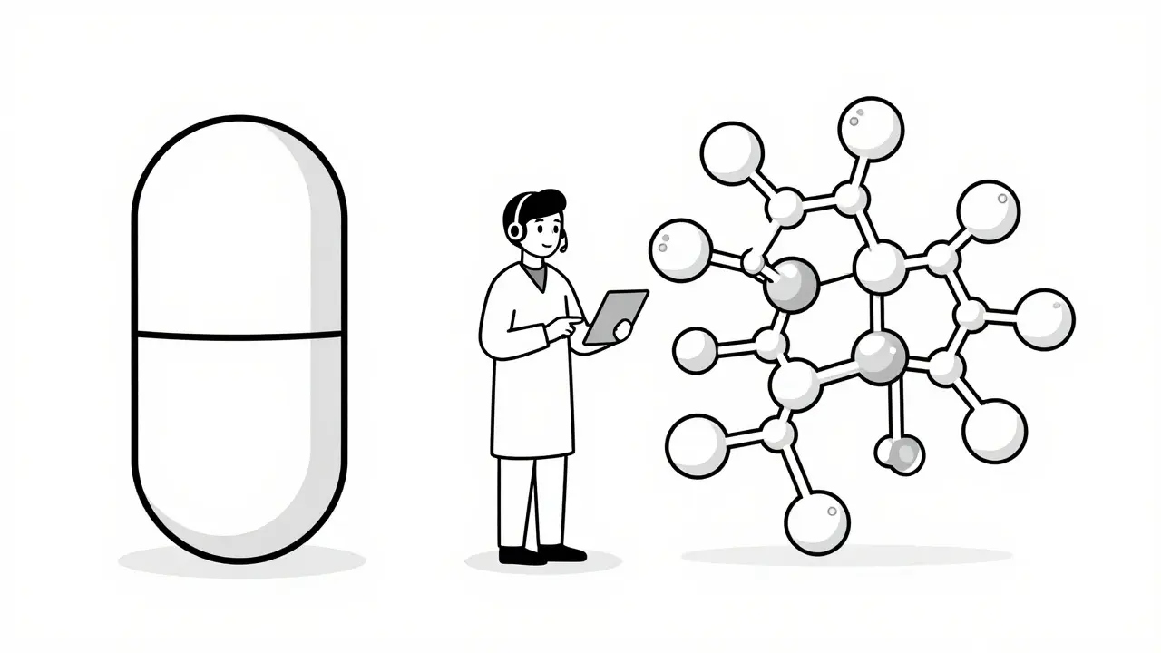 Illustration comparing a simple pill to a complex biologic molecule with a care coordinator.