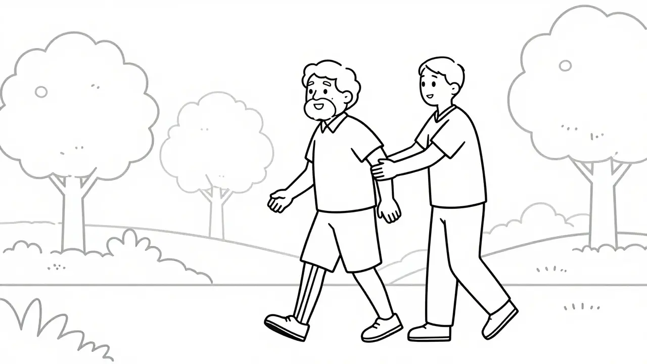 Illustration of a person practicing walking with a physical therapist