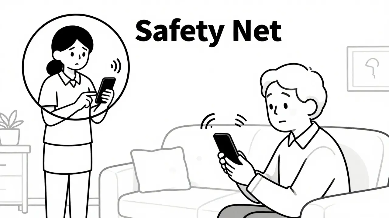 Line art depicting a caregiver receiving a notification to help a patient with their medication.