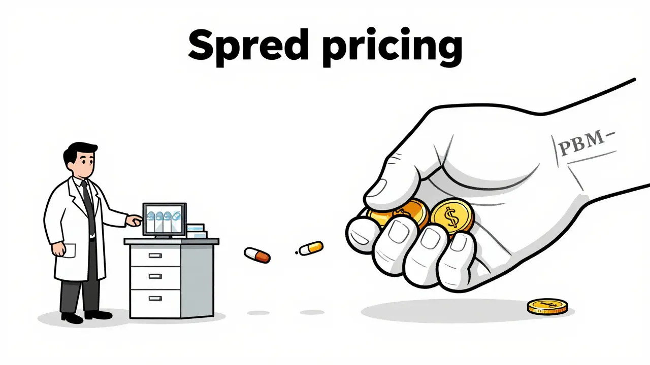 Line art drawing of a middleman hand capturing money between a drug manufacturer and a pharmacy.