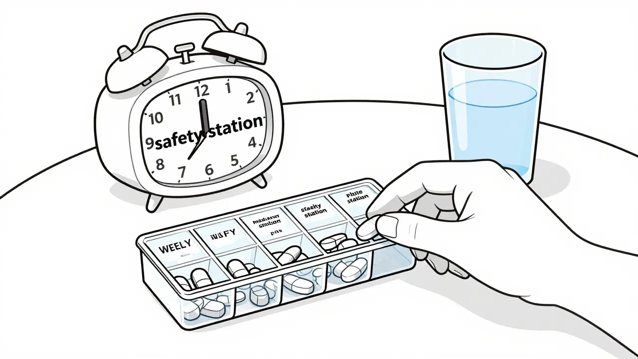 Line art drawing of a pill organizer and alarm clock for medication timing.