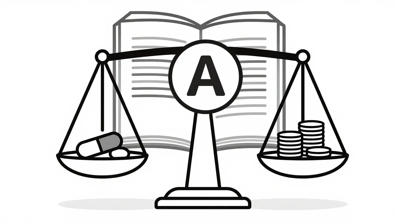 Line art of a balance scale with a pill and coins next to a directory book.