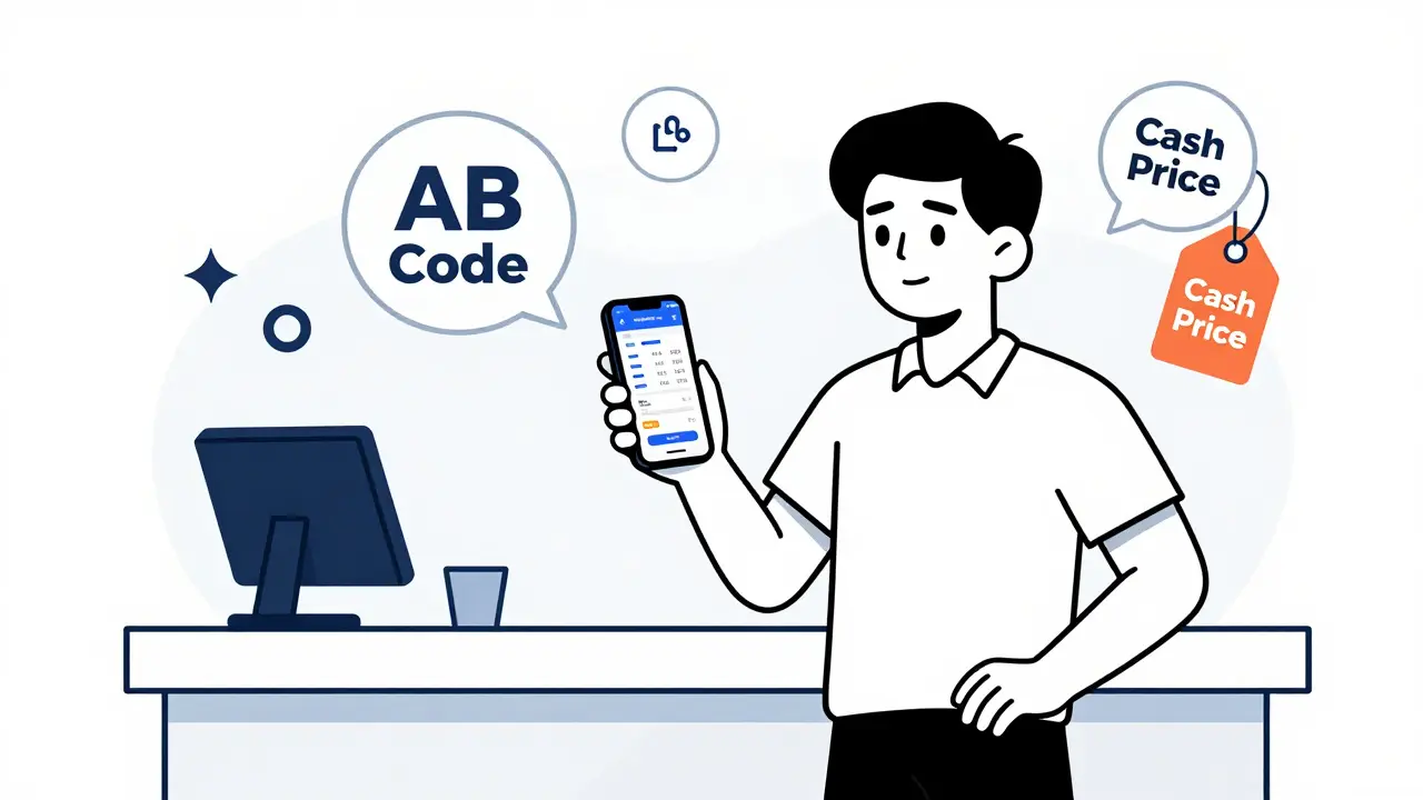 Line art of a person using a price comparison app at a pharmacy to find the cheapest generic drug.