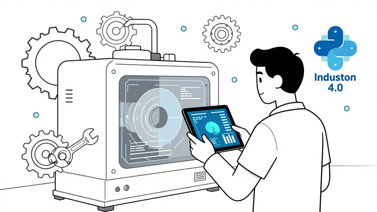 Line art of a technician using a tablet to analyze data from a modern industrial machine.