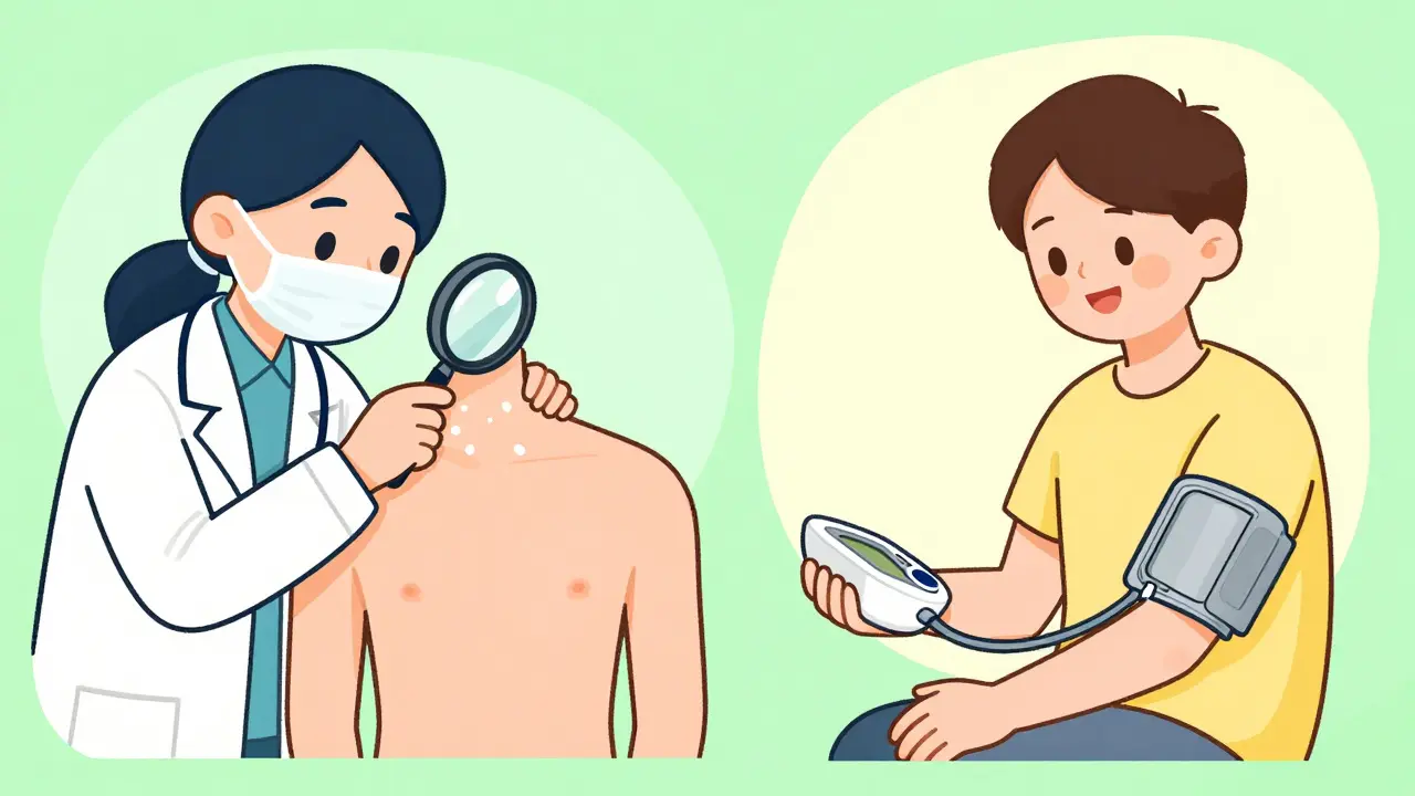 Line art showing a patient receiving a skin check and monitoring blood pressure.