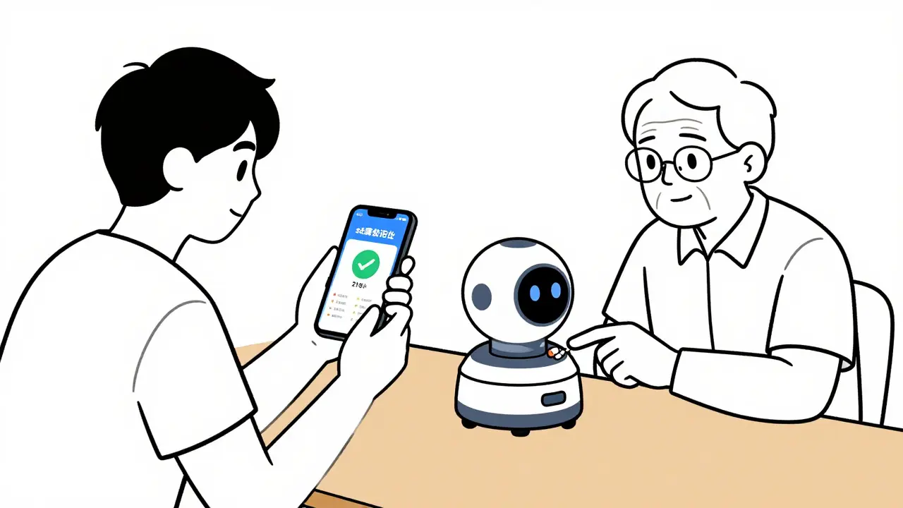 Line art showing a young person using a health app and a senior using an automated pill dispenser.