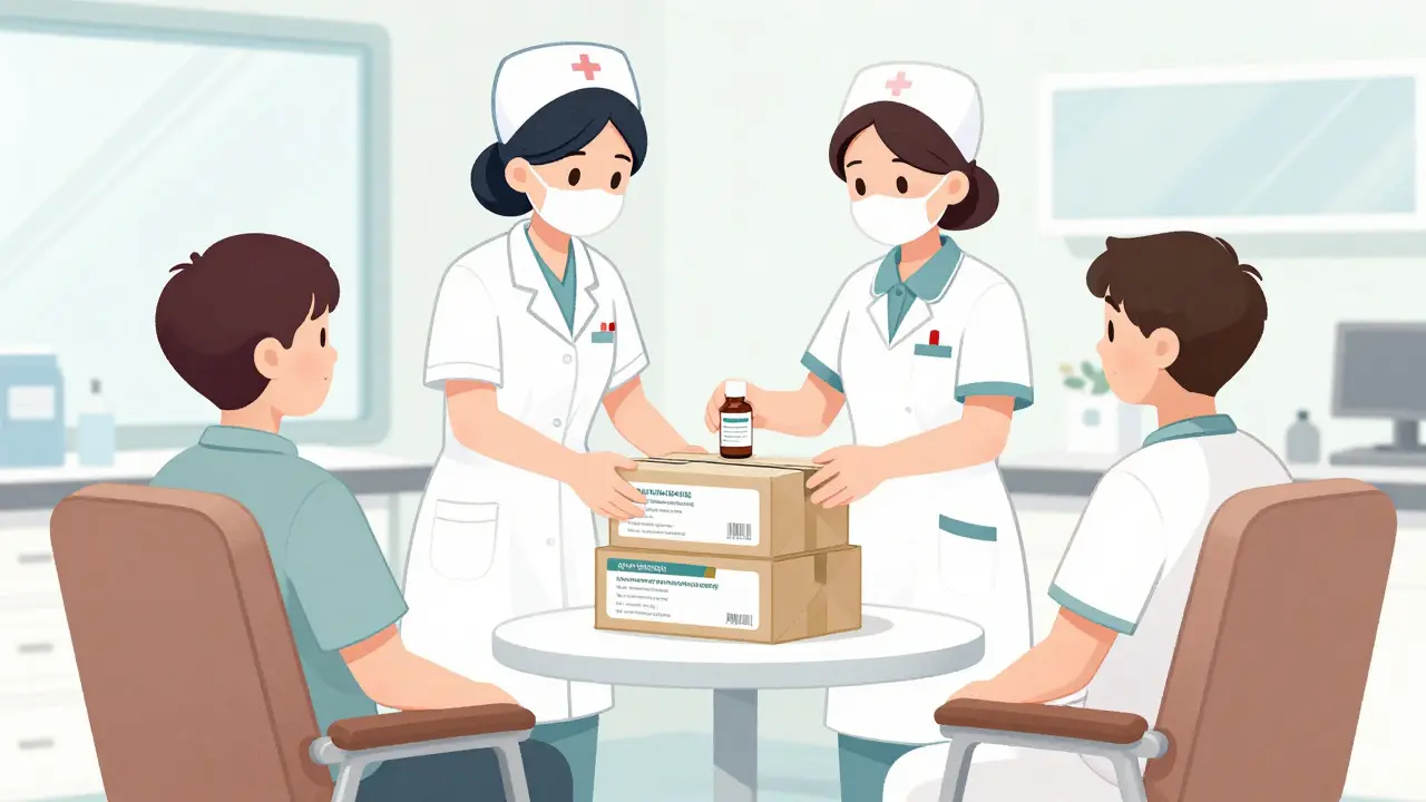 Nurse administering specialty medication delivered to a clinic in a white bagging model.